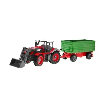 RC Traktor červený so zeleným prívesom, v mierke 1:28