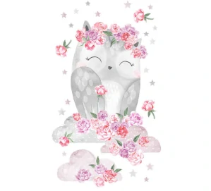 Samolepky na stenu - Sova s pivonkami, ružova