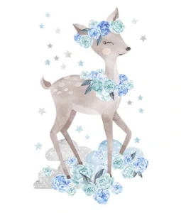 Samolepky na stenu - Srnka s pivonkami, svetlo modrá