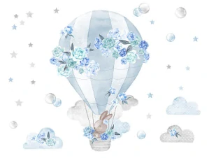 Samolepky na stenu - Látající balón s zajačikom, modrý set