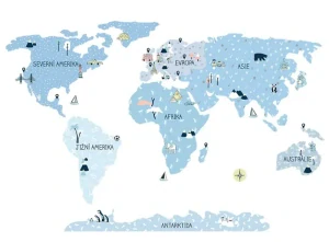 Samolepky na stenu - Mapa sveta - ľadovo modrá, veľkosť M