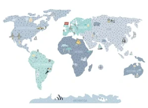 Samolepky na stenu - Mapa sveta - modrá, veľkosť L