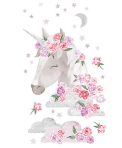 Samolepka na stenu - Unicorn s pivonkami a hviezdami, 53 x 90 cm, ružový