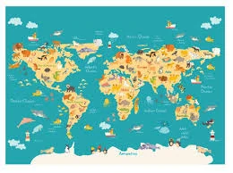 Samolepka na stenu - Mapa sveta so zvieratkami a nápismi