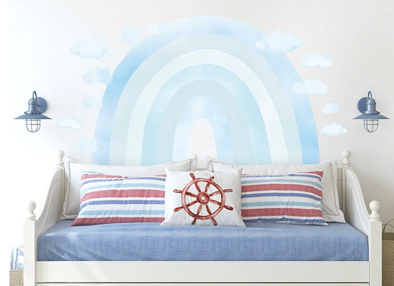 Samolepky na stenu - Dúha blankytná + 15 obláčikov, veľ. 130 x 90 cm