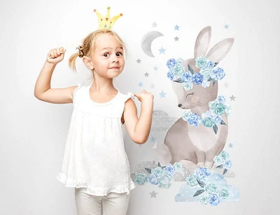 Samolepky na stenu - Králíček na obláčiku, blankytný