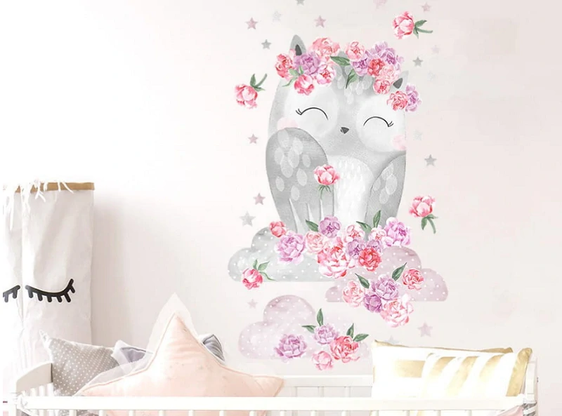 Samolepky na stenu - Sova s pivonkami, ružova