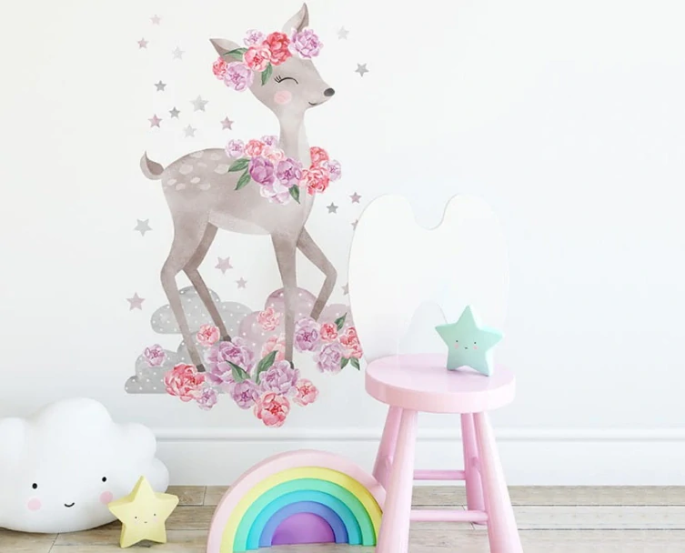 Samolepky na stenu - Srnka s pivonkami