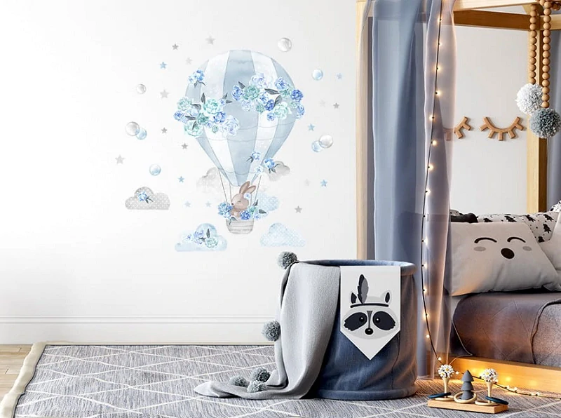 Samolepky na stenu - Látající balón s zajačikom, modrý set