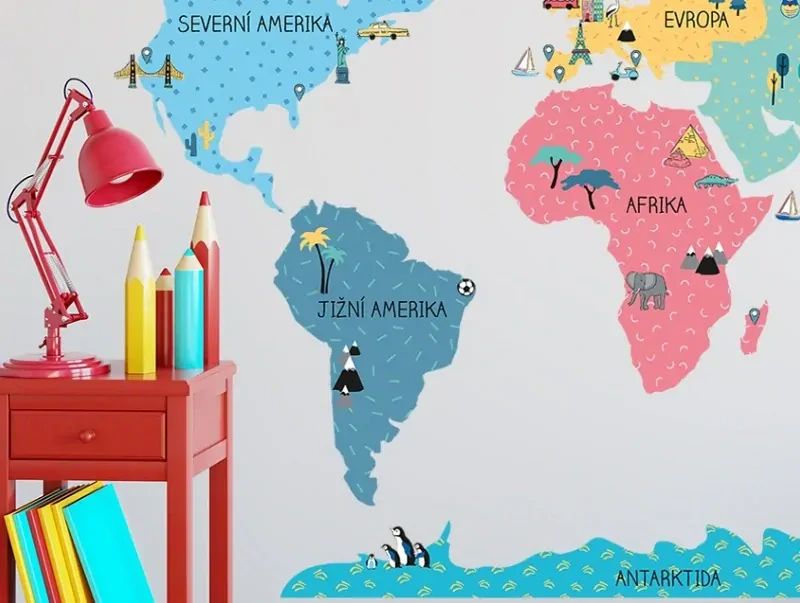Samolepky na stenu - Mapa sveta - farebná, veľkosť L 