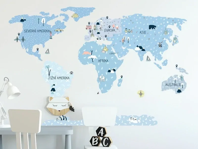 Samolepky na stenu - Mapa sveta - ľadovo modrá, veľkosť L