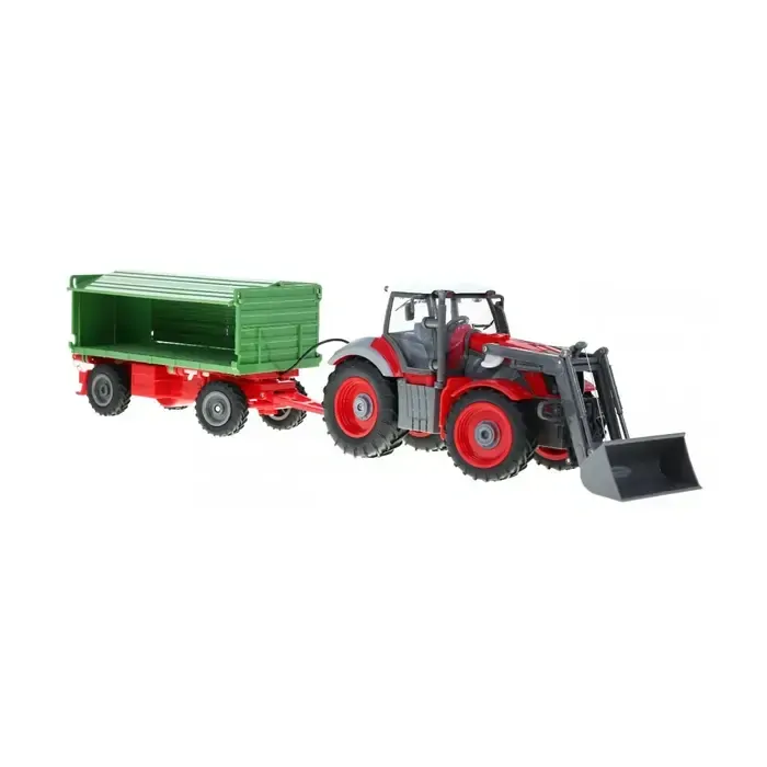 RC Traktor červený so zeleným prívesom, v mierke 1:28
