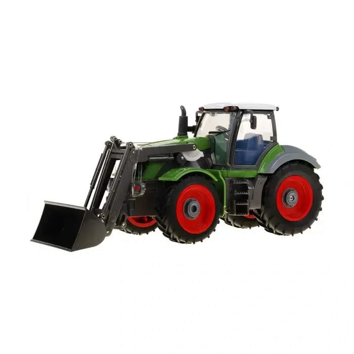 RC Traktor zelený, s červeným prívesom, v mierke 1:28