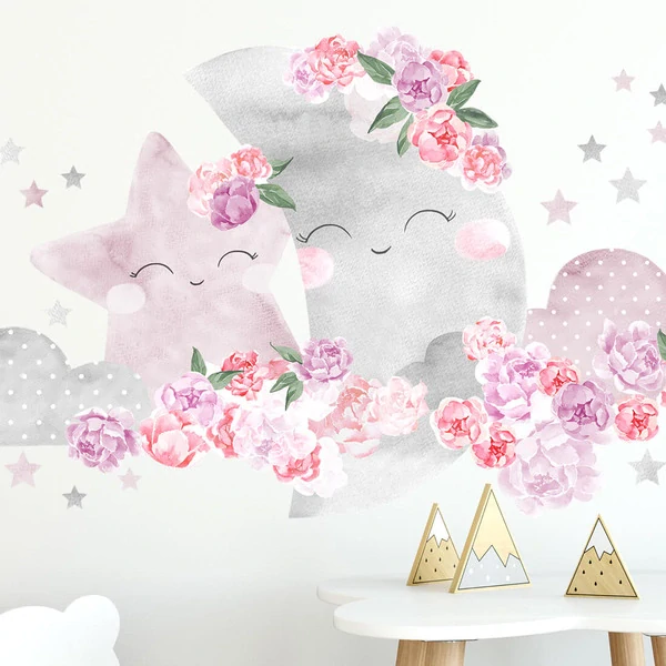 Samolepky na stenu - Mesiac s obláčiky a pivonkami, ružový