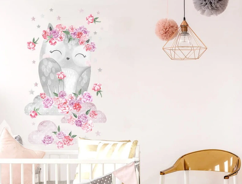 Samolepky na stenu - Sova s pivonkami, ružova