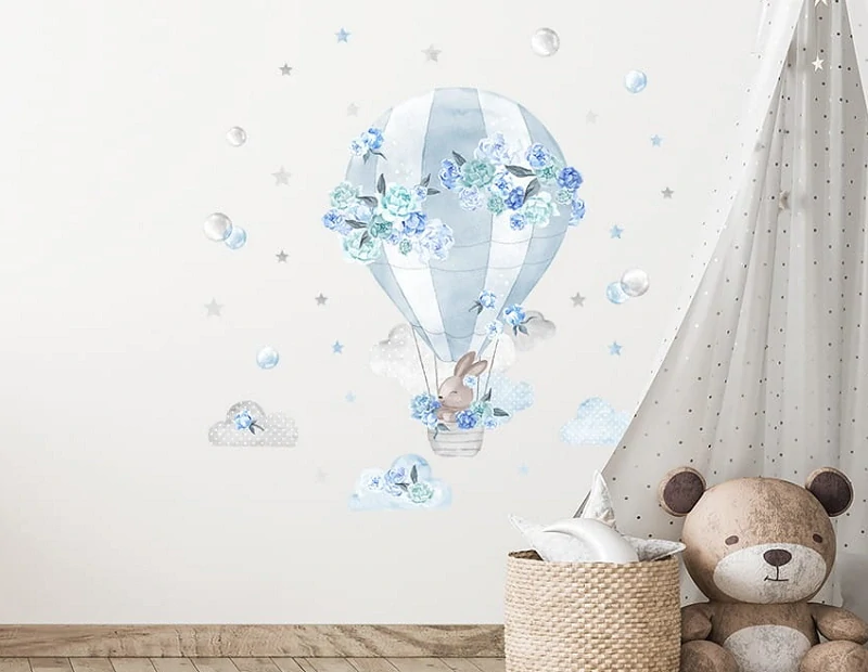 Samolepky na stenu - Látající balón s zajačikom, modrý set