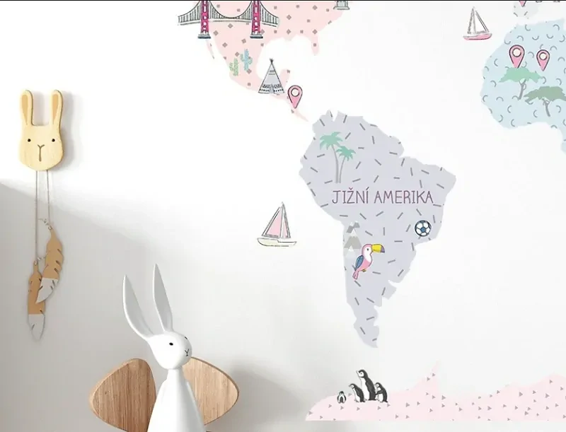 Samolepky na stenu - Mapa sveta - ružová, veľkosť L