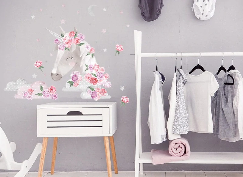 Samolepka na stenu - Unicorn s pivonkami a hviezdami, 53 x 90 cm, ružový