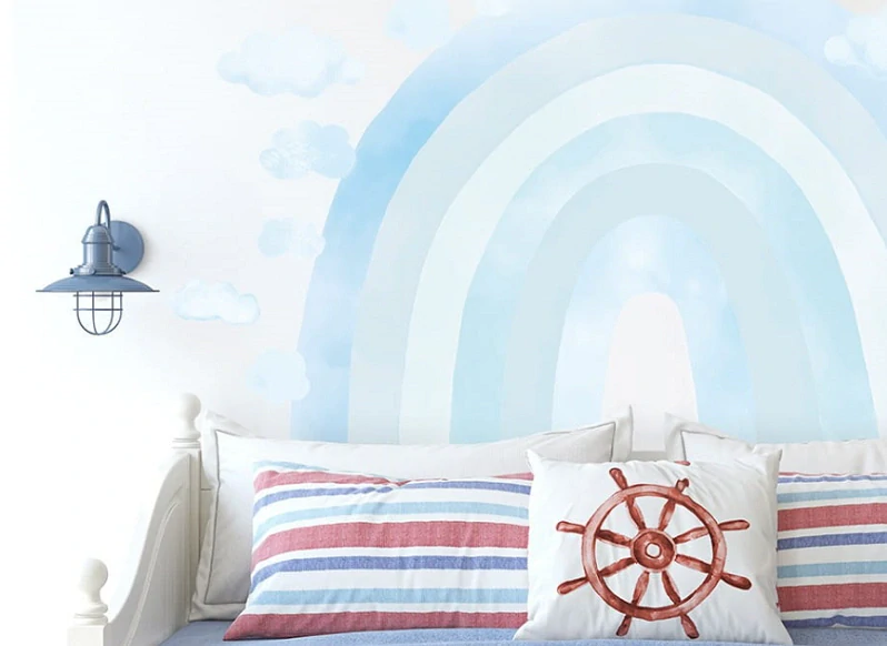 Samolepky na stenu - Dúha blankytná + 15 obláčikov, veľ. 130 x 90 cm