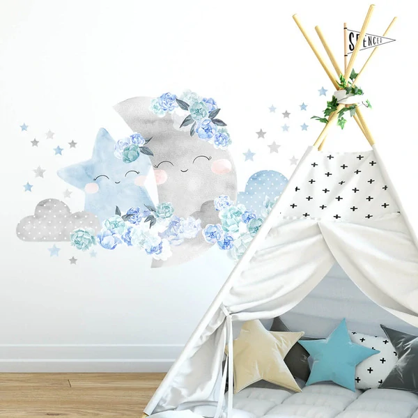 Samolepky na stenu - Mesiac s obláčiky a pivonkami, svetlo modrý