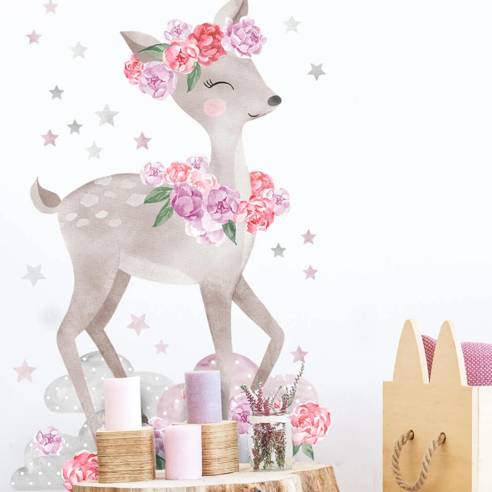 Samolepky na stenu - Srnka s pivonkami