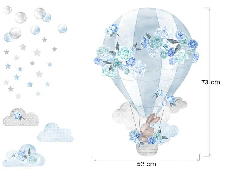 Samolepky na stenu - Látající balón s zajačikom, modrý set