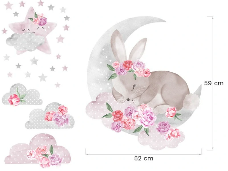 Samolepky na stenu - Spiaci králiček na obláčiku, ružový