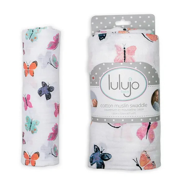 Bambusovo - mušelínová zavinovačka / plienka Lulujo - Motýle 120 x 120 cm