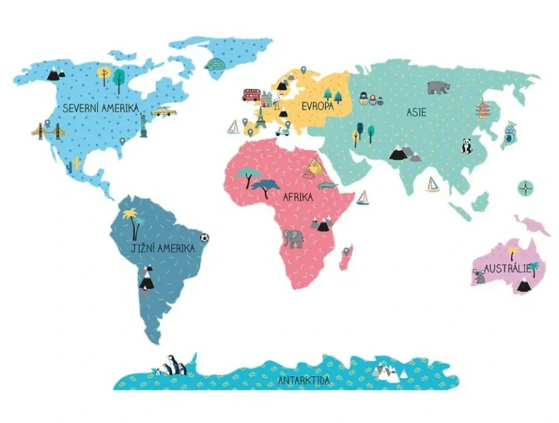 Samolepky na stenu - Mapa sveta - farebná, veľkosť M