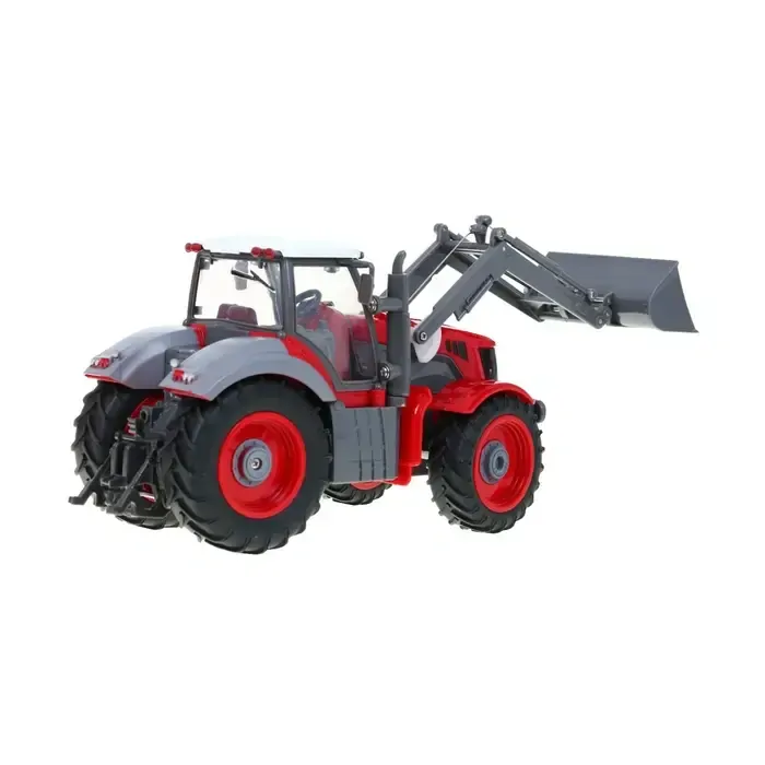 RC Traktor červený so zeleným prívesom, v mierke 1:28