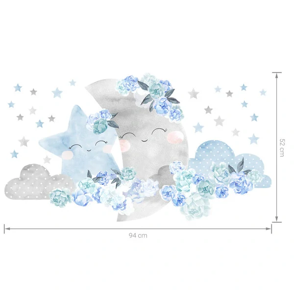 Samolepky na stenu - Mesiac s obláčiky a pivonkami, svetlo modrý