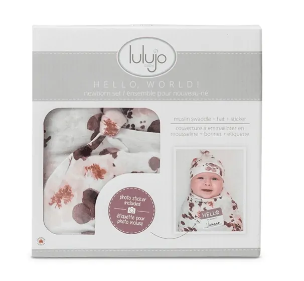 Narodeninová sada Lulujo - Bambusová plienka 120x120 + čiapočka Eucalyptus 