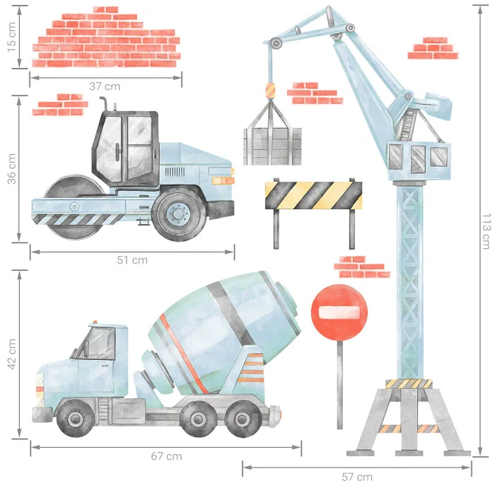 Samolepky na stenu - Stavebné stroje XXL, var. A, modre