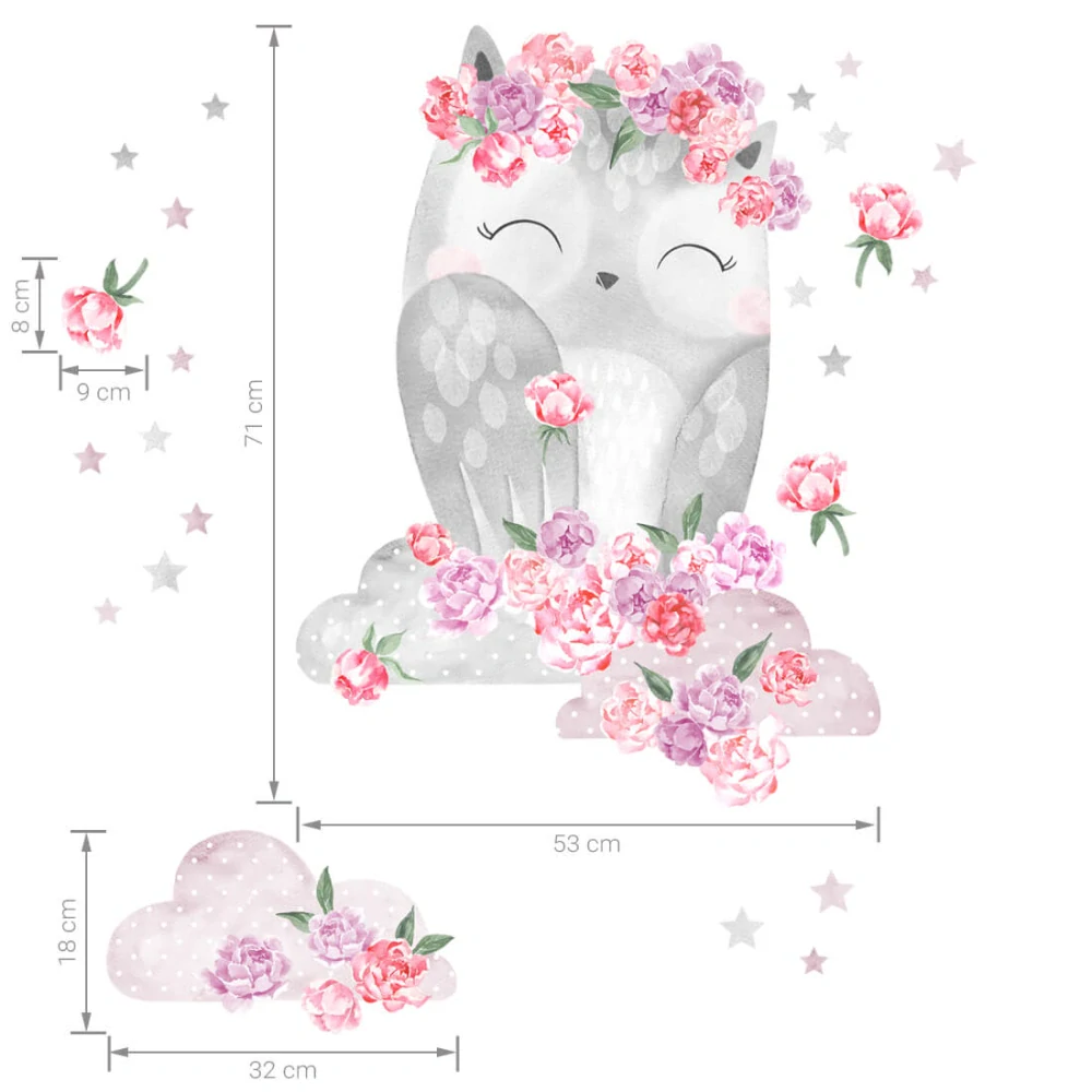 Samolepky na stenu - Sova s pivonkami, ružova