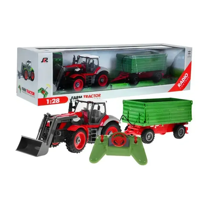 RC Traktor červený so zeleným prívesom, v mierke 1:28