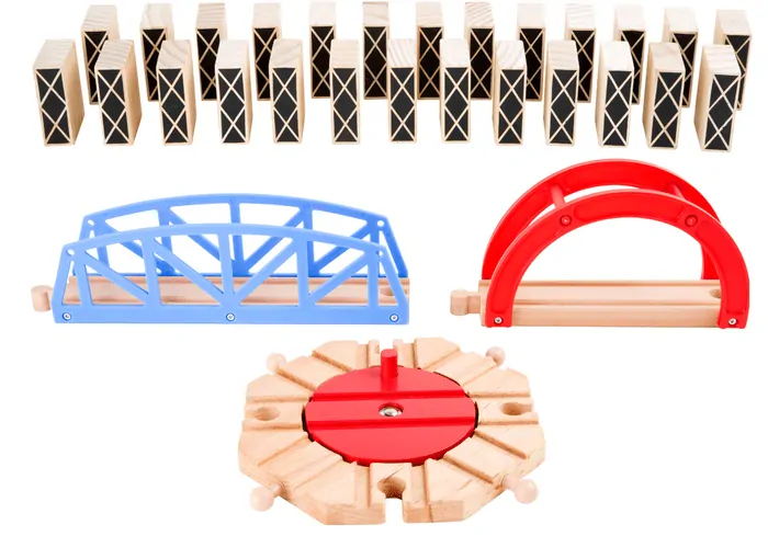 Legler - Drevená vláčkodráha s 2 vláčiky, výhybkami a mosty, 140 ks